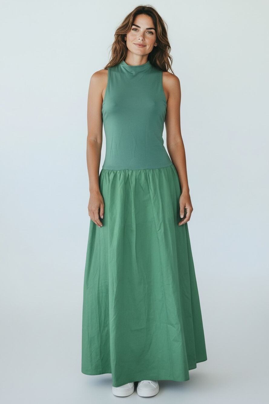 A8 NWT MARCELLA Grass Green Gathered Cotton Mock-Neck Montrosse Maxi Dress Sz S